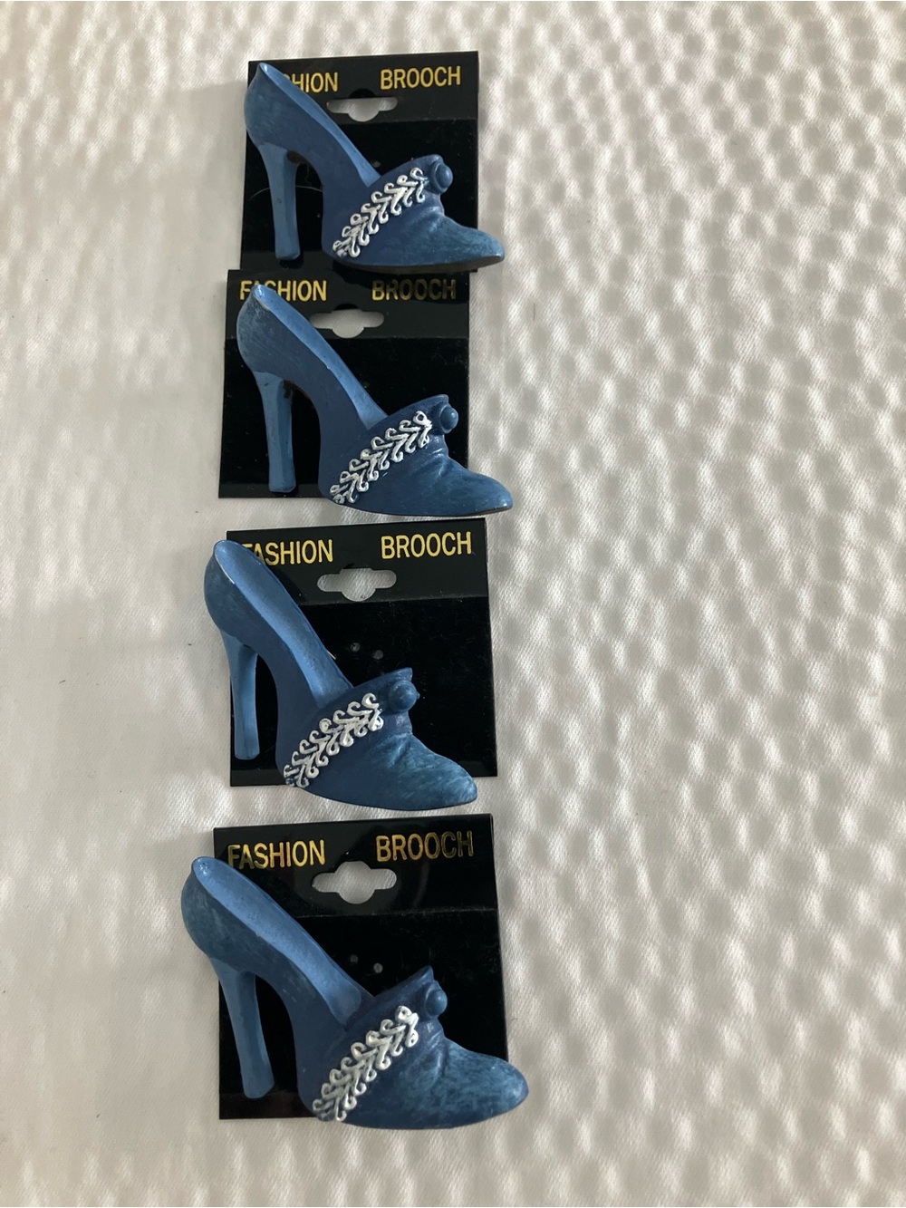 4 Vintage Blue Velvet High Heel Brooches with Silver Accent